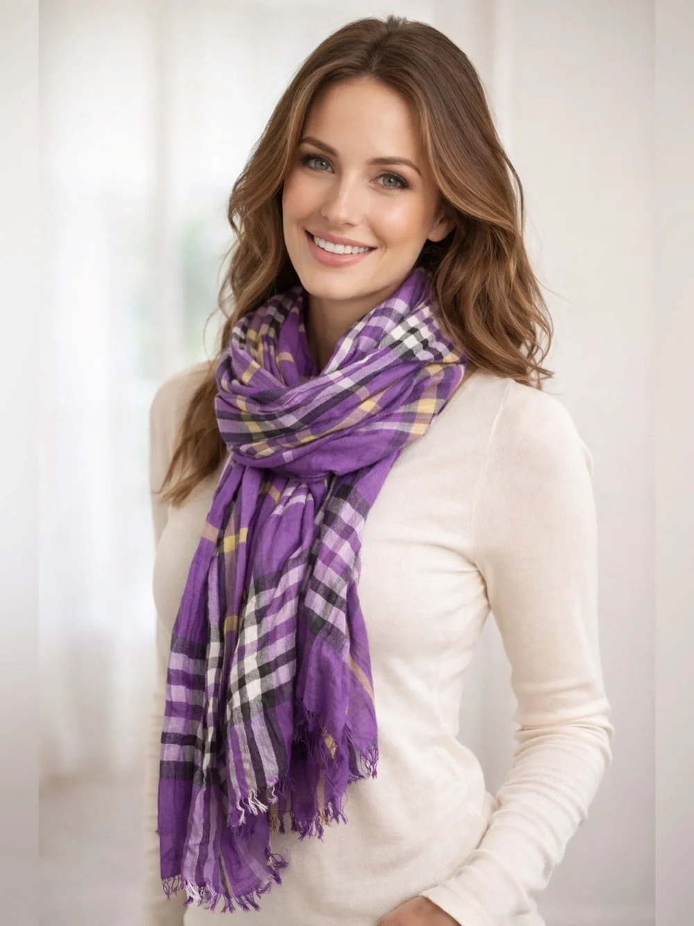 Purple White Rectangular Raw Hem Scarf Pashmina Lightweight Black Yellow